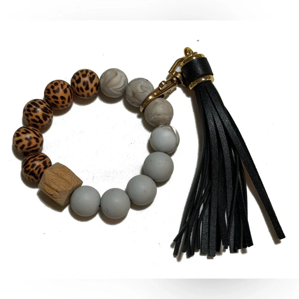 Elegant Beaded Bracelet Key Ring with Black Tassel B8